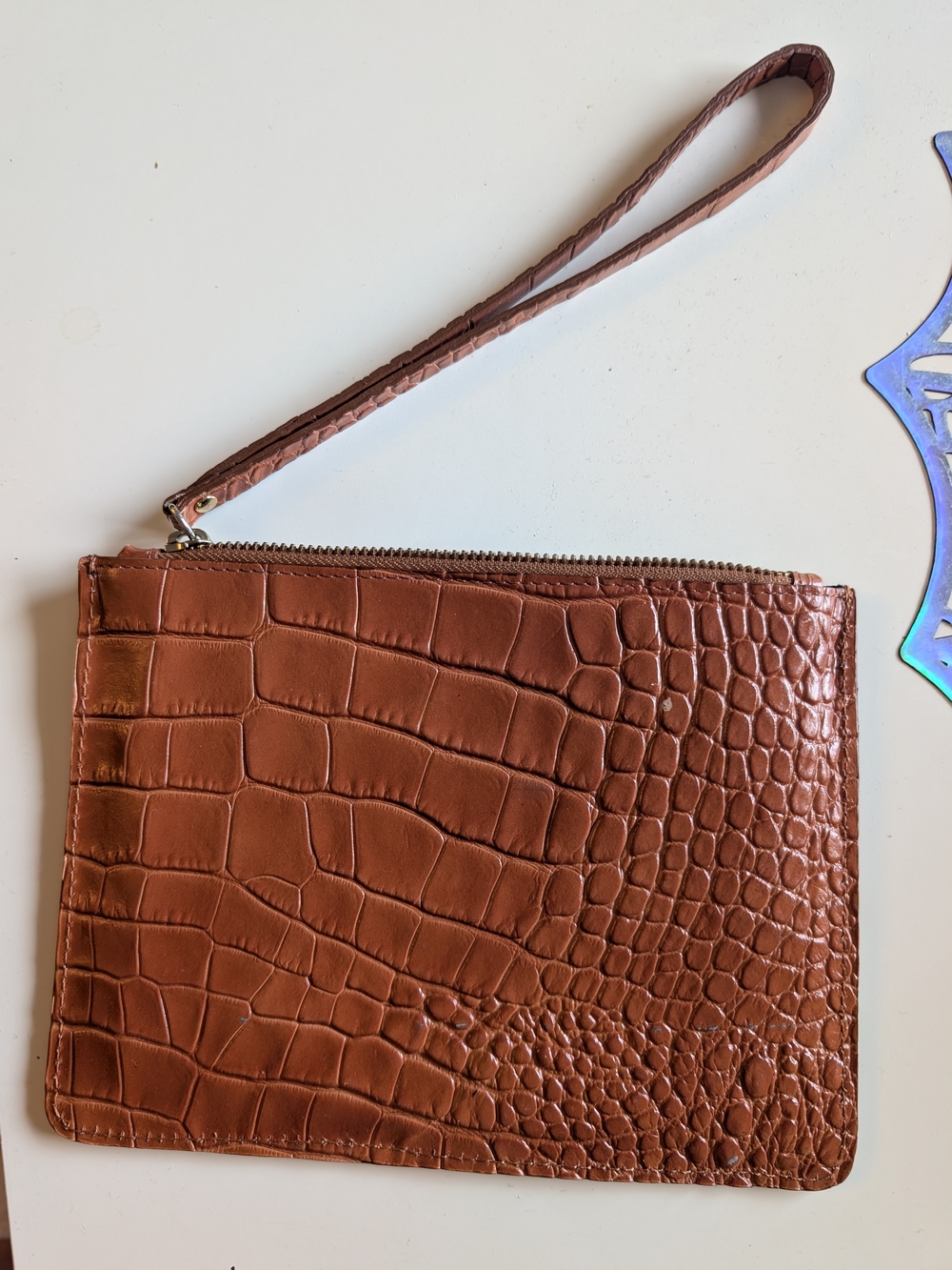 Brown Croc-Embossed Wristlet Pouch